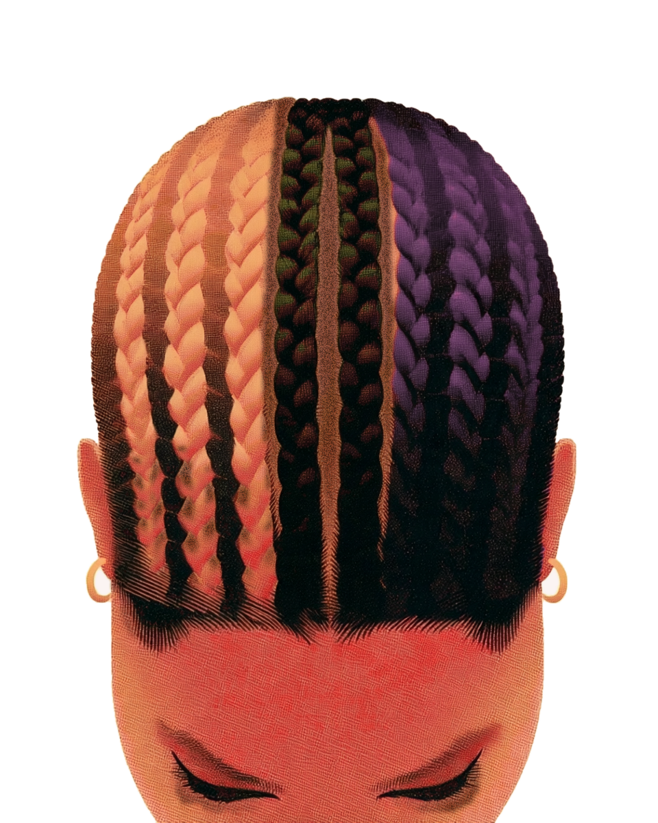 Illustration of the split-head trial design: Nourie braided on the left side of the head, a conventional synthetic fiber braided on the right, and a center section braided in the participant's own hair with no extension fiber.
